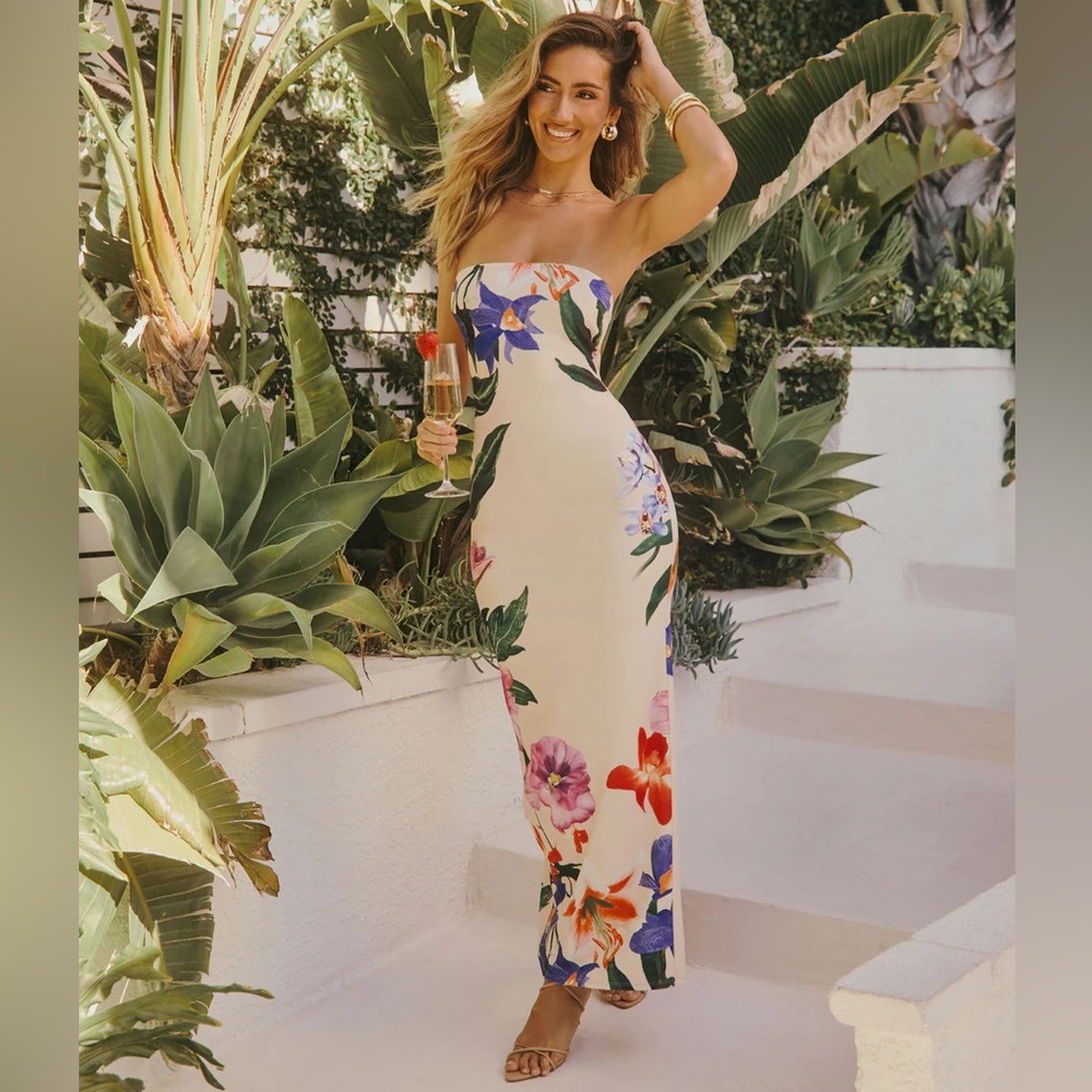 Blue Blush Floral Maxi Dress in Cream with Multicolor Design